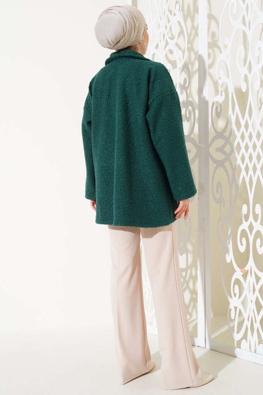 Four Button Double Breasted Boucle Coat Emerald