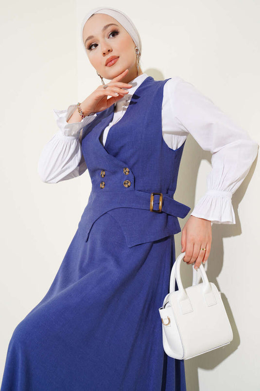 Four-Button Vest and Skirt Set, Blue