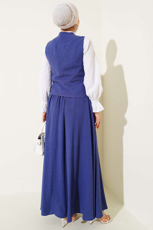 Four-Button Vest and Skirt Set, Blue