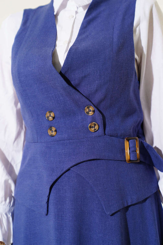 Four-Button Vest and Skirt Set, Blue