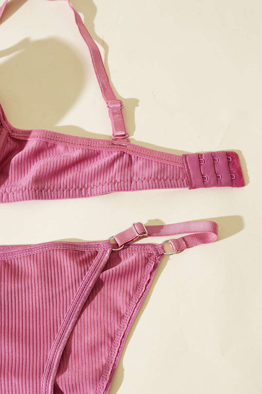 Ensemble soutien-gorge et brassière côtelés à double push-up rose poudré