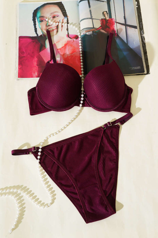 Ensemble soutien-gorge push-up côtelé double, prune