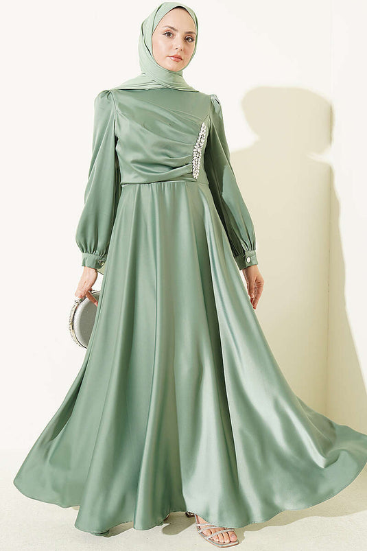 Abito Da Sera In Raso Con Drappeggio E Decorazioni Sul Busto, Verde Calla