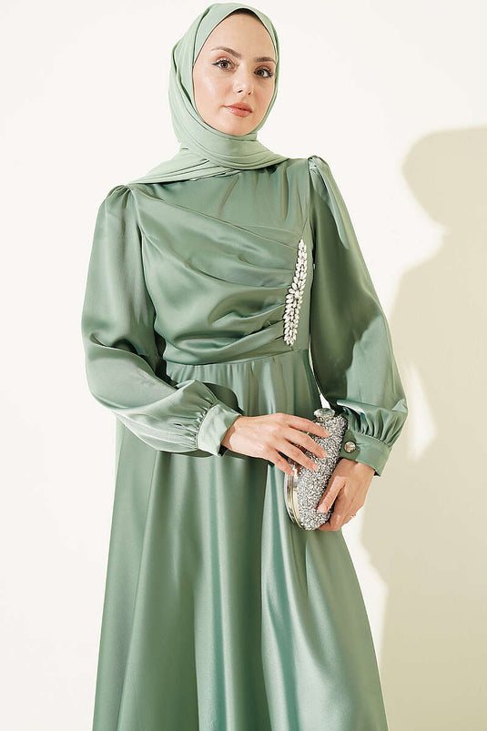 Abito Da Sera In Raso Con Drappeggio E Decorazioni Sul Busto, Verde Calla