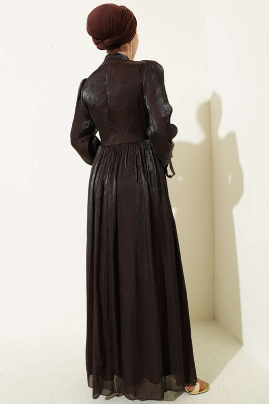 Robe de soirée Drapeli à manches longues avec lien, couleur café