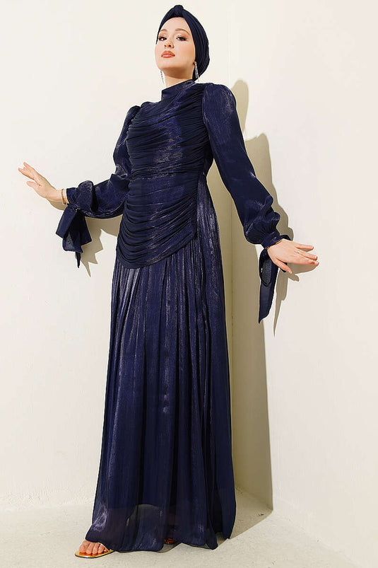 Robe de soirée Drapeli à manches longues avec lien, bleu marine