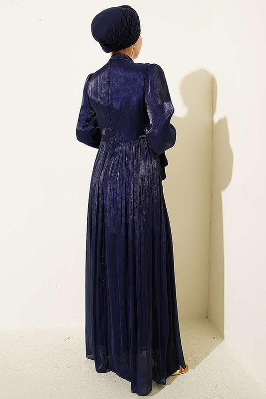 Robe de soirée Drapeli à manches longues avec lien, bleu marine