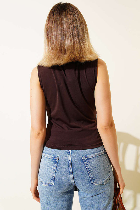 Draped Sleeveless Sandy Blouse Brown