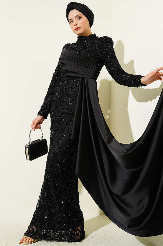 Black Draped Sequin Patterned Evening Dress
