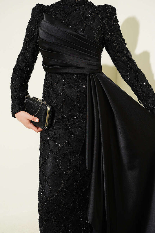 Black Draped Sequin Patterned Evening Dress