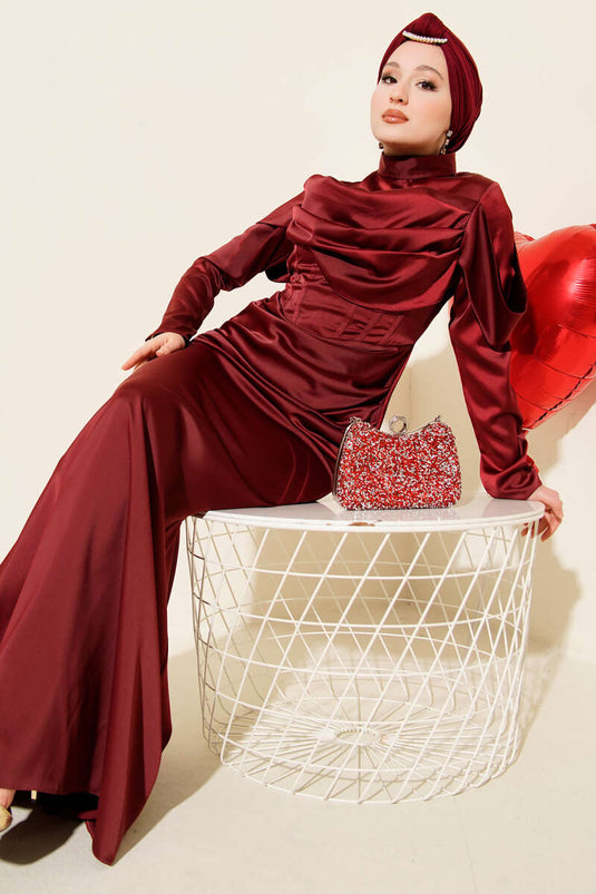 Draped Satin Evening Dress Burgundy
