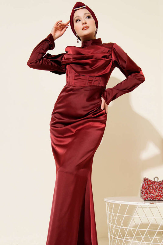 Draped Satin Evening Dress Burgundy