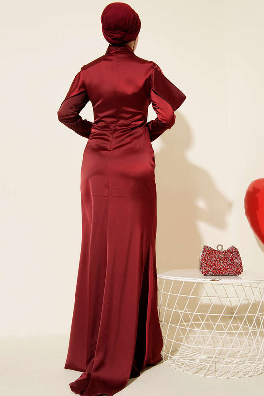 Draped Satin Evening Dress Burgundy