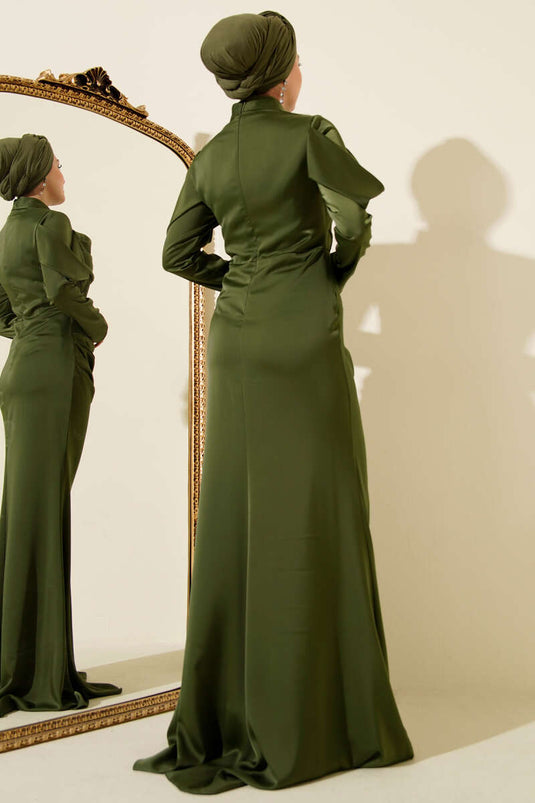 Draped Satin Evening Dress Khaki