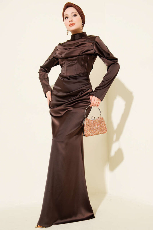 Draped Satin Evening Dress Brown