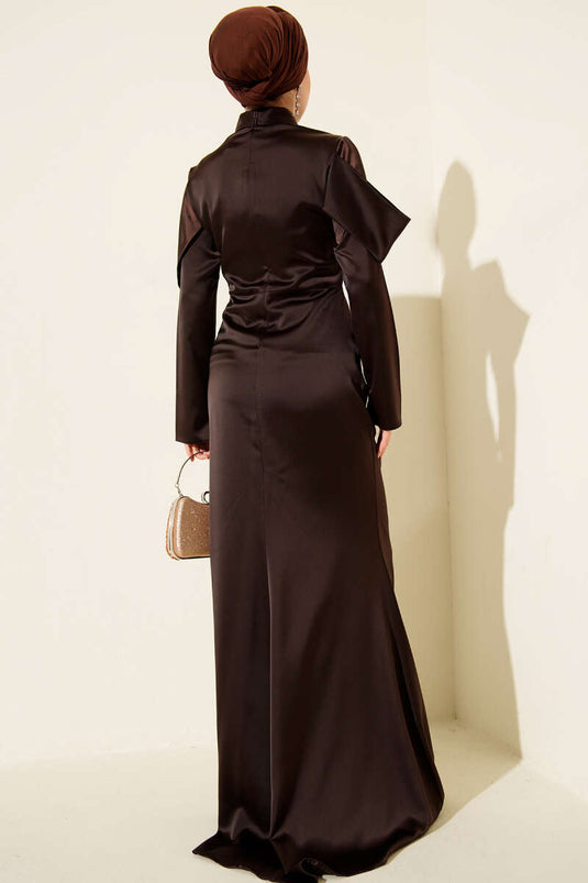 Draped Satin Evening Dress Brown