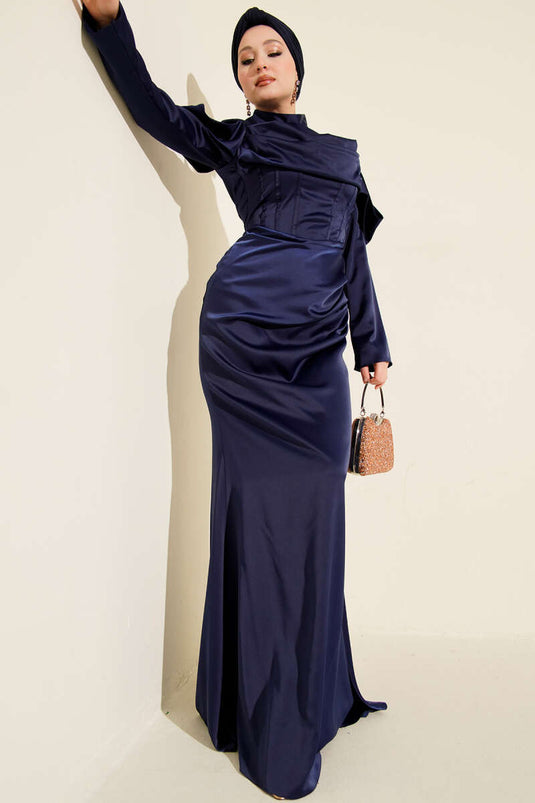 Draped Satin Evening Dress Navy Blue