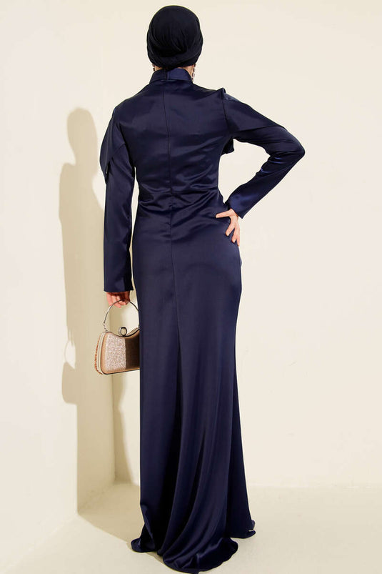 Draped Satin Evening Dress Navy Blue