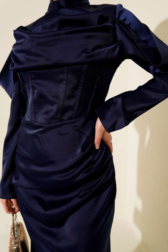 Draped Satin Evening Dress Navy Blue