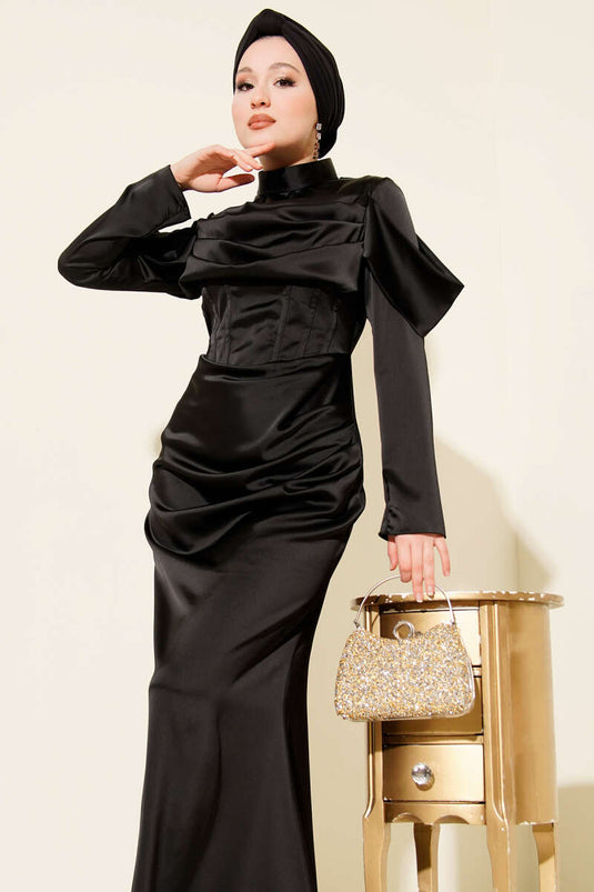 Draped Satin Evening Dress Black