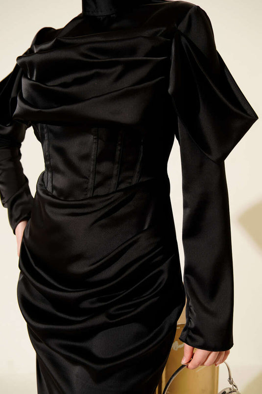 Draped Satin Evening Dress Black