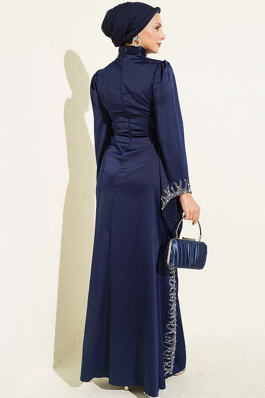 Abito Da Sera In Raso Ricamato Con Drappeggio Blu Navy