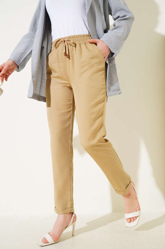 Double Leg Cuff Elastic Waist Pants Camel