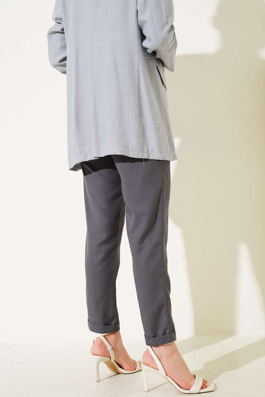 Double Side Pocket Elastic Waist Pants Gray