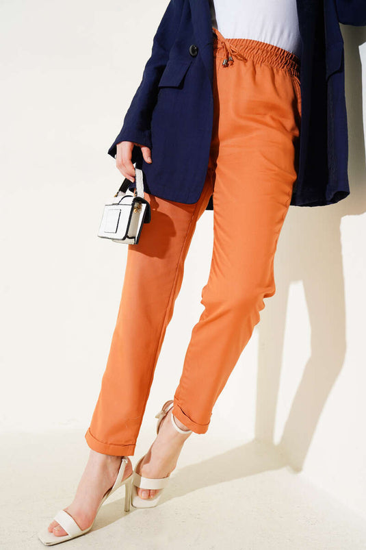 Double Side Pocket Elastic Waist Pants Orange