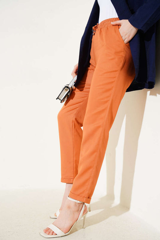 Double Side Pocket Elastic Waist Pants Orange