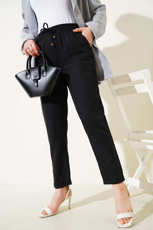 Double Leg Cuff Elastic Waist Pants Black