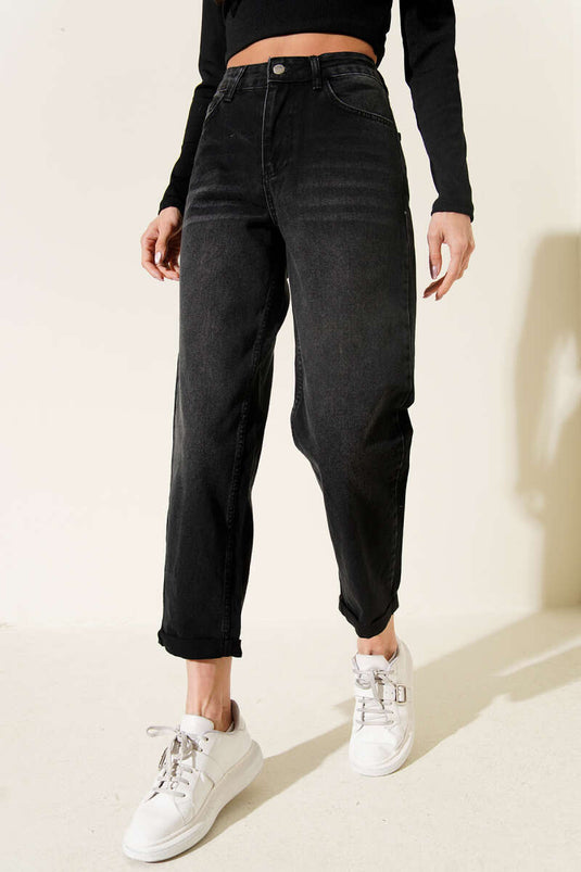 Double Cuffed Denim Pants Black