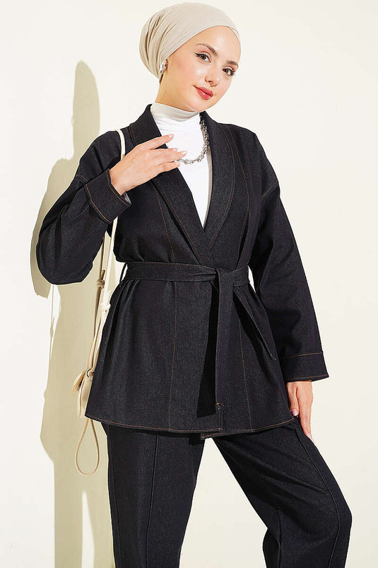 Linnen Met Dubbele Mouw Riem Denim Twee-Delige Set Navy