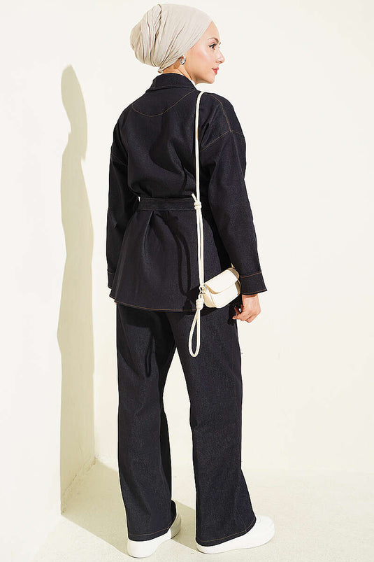 Linnen Met Dubbele Mouw Riem Denim Twee-Delige Set Navy