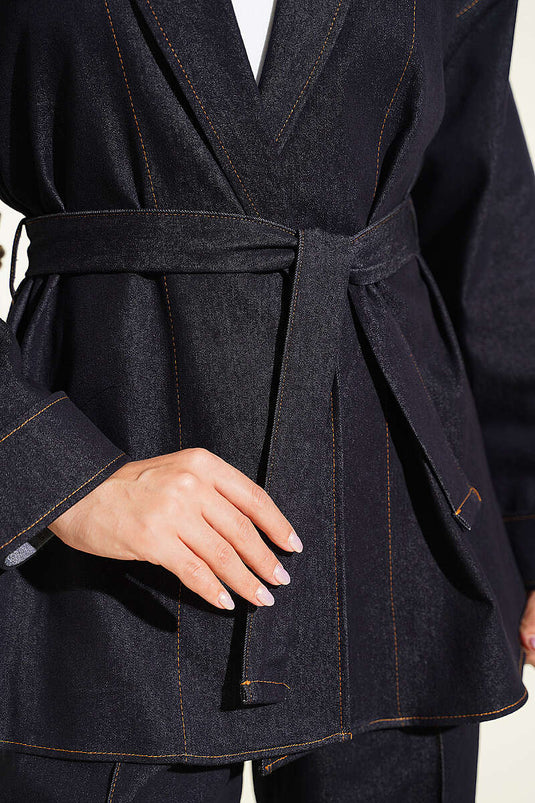 Linnen Met Dubbele Mouw Riem Denim Twee-Delige Set Navy
