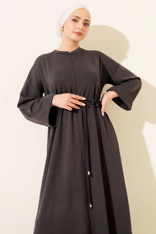 Double Sleeve Rope-Tied Dress Smoke Gray