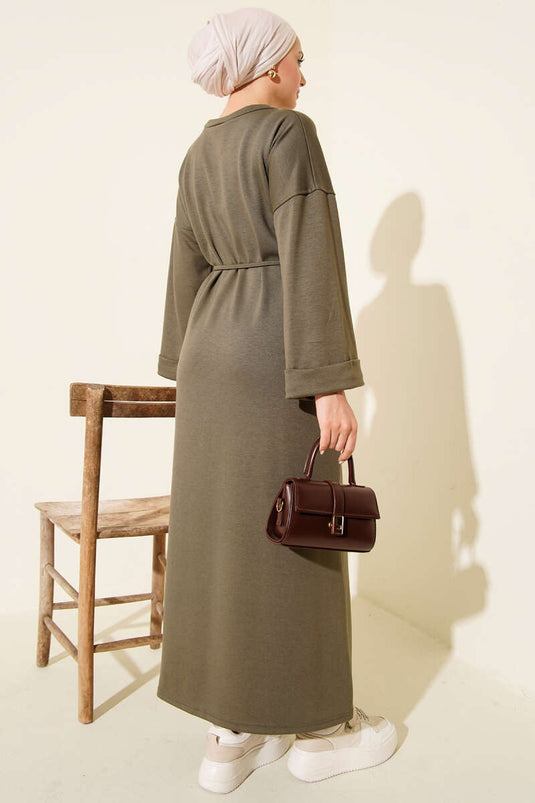Double Sleeve Rope-Tied Dress Khaki