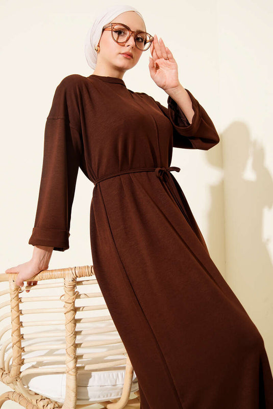 Double Sleeve Rope-Tied Dress Brown