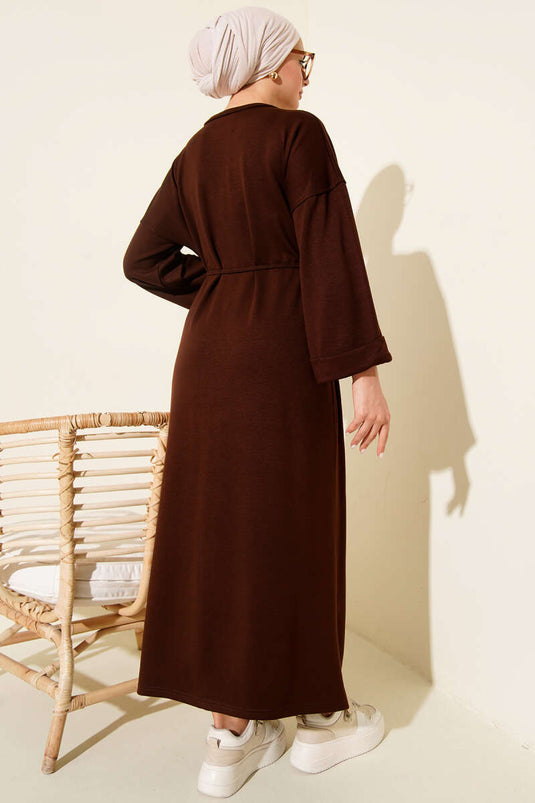 Double Sleeve Rope-Tied Dress Brown