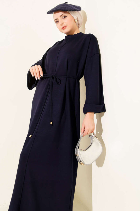 Double Sleeve Rope-Tied Dress Navy Blue