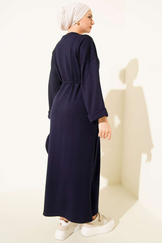 Double Sleeve Rope-Tied Dress Navy Blue