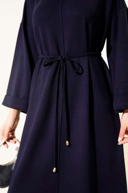 Double Sleeve Rope-Tied Dress Navy Blue