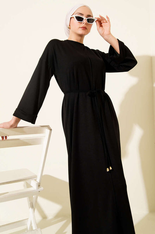 Double Sleeve Rope-Tied Dress Black