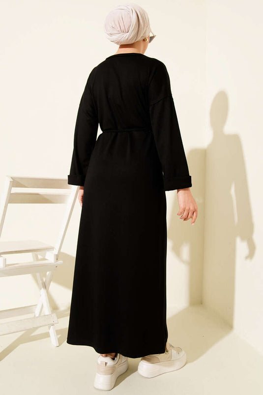 Double Sleeve Rope-Tied Dress Black