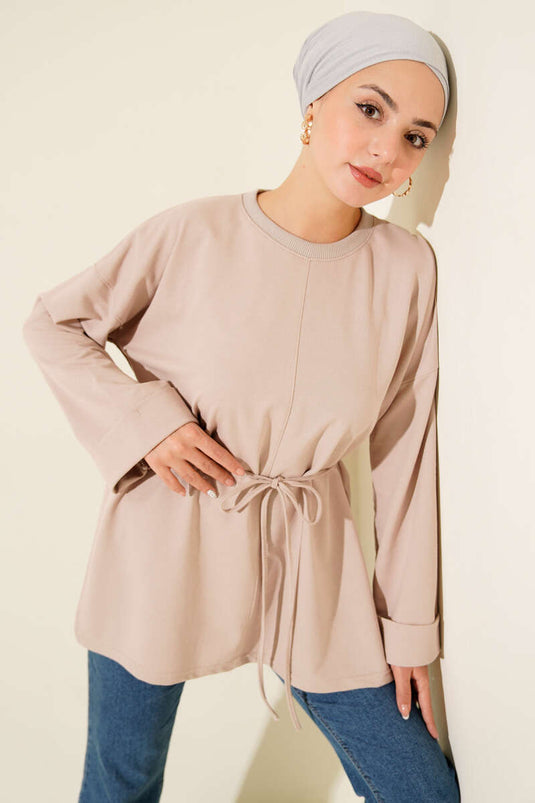 سترة طويلة برباط، بأكمام مزدوجة، لون بيج