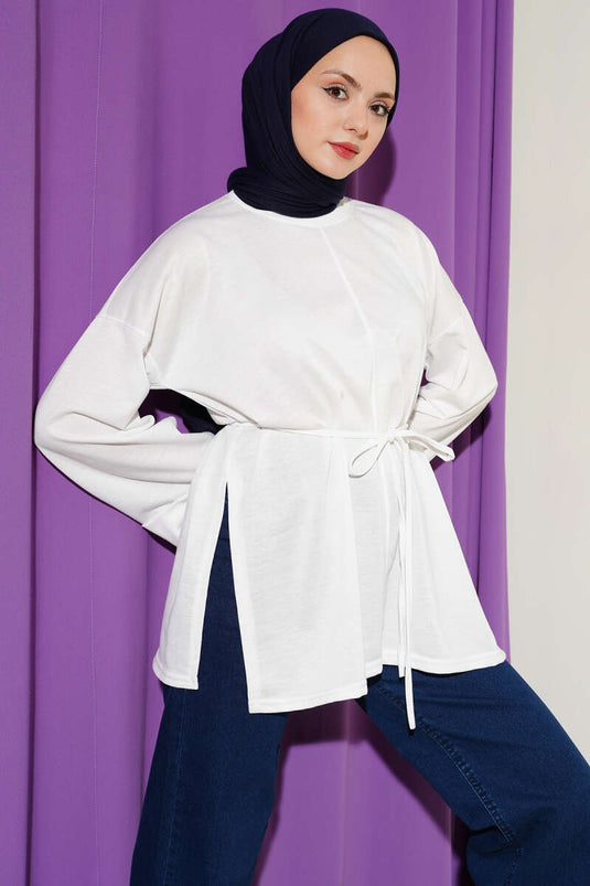 Duble Kol İp Bağcıklı Tunik Beyaz