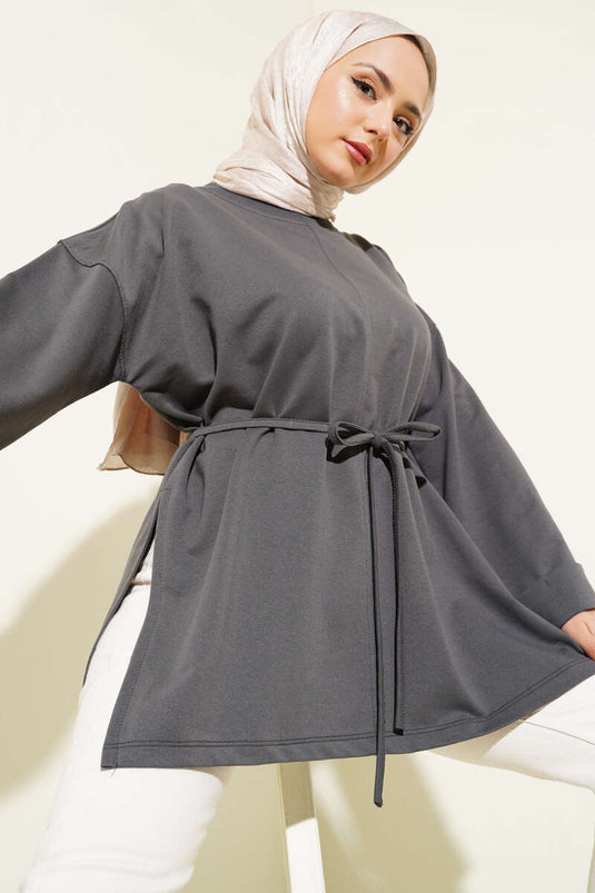 Duble Kol İp Bağcıklı Tunik Füme