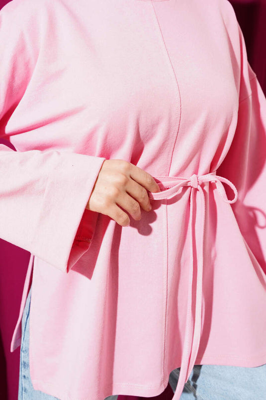 Duble Kol İp Bağcıklı Tunik Pembe