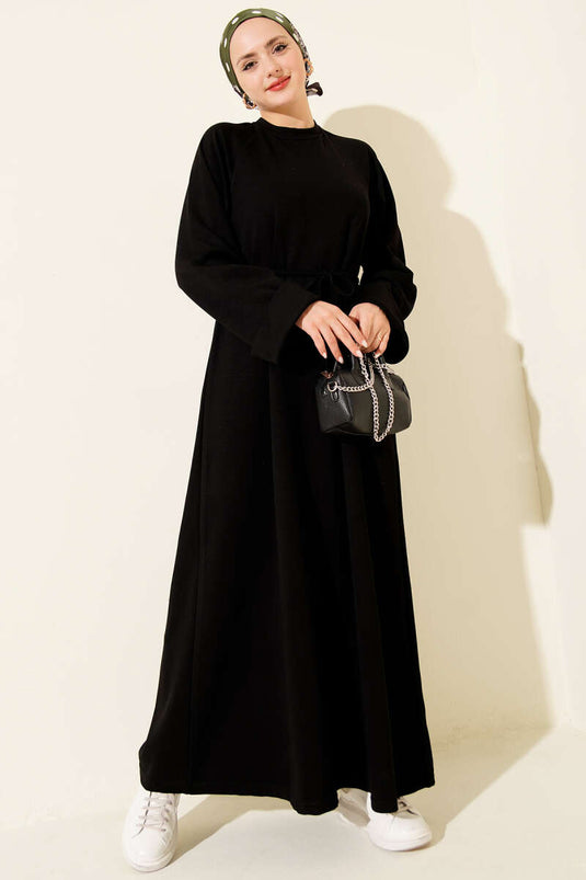 Double Sleeve Rope Belted Caftan Dress Black