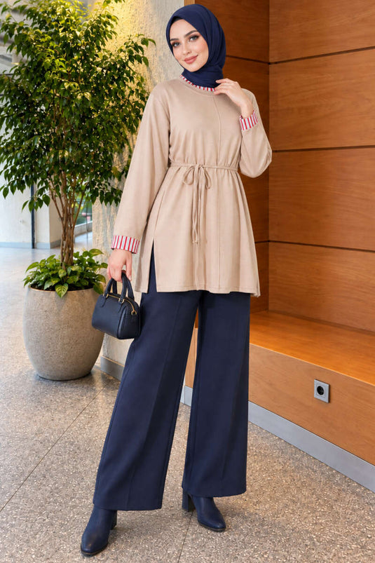 Beige Strick-Tunika Mit Doppelmanschette